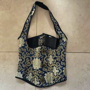 NWOT Blue Gold Brocade Halter Neck Underbust Corset Steampunk Cosplay M Medium